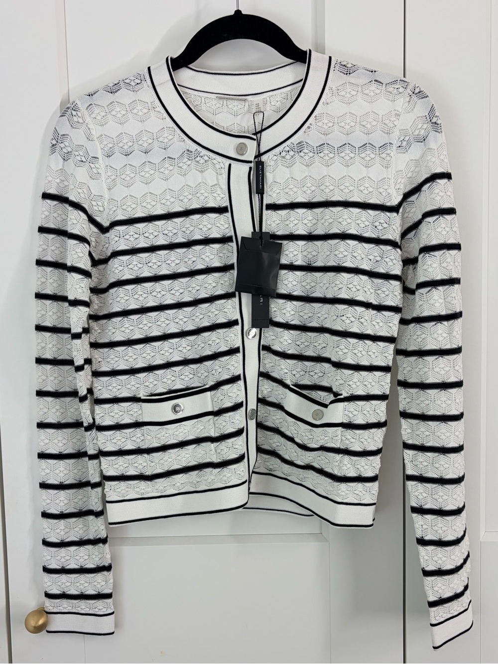 Elie Tahari Classic Black & White Striped Women's Cardigan Sweater | S